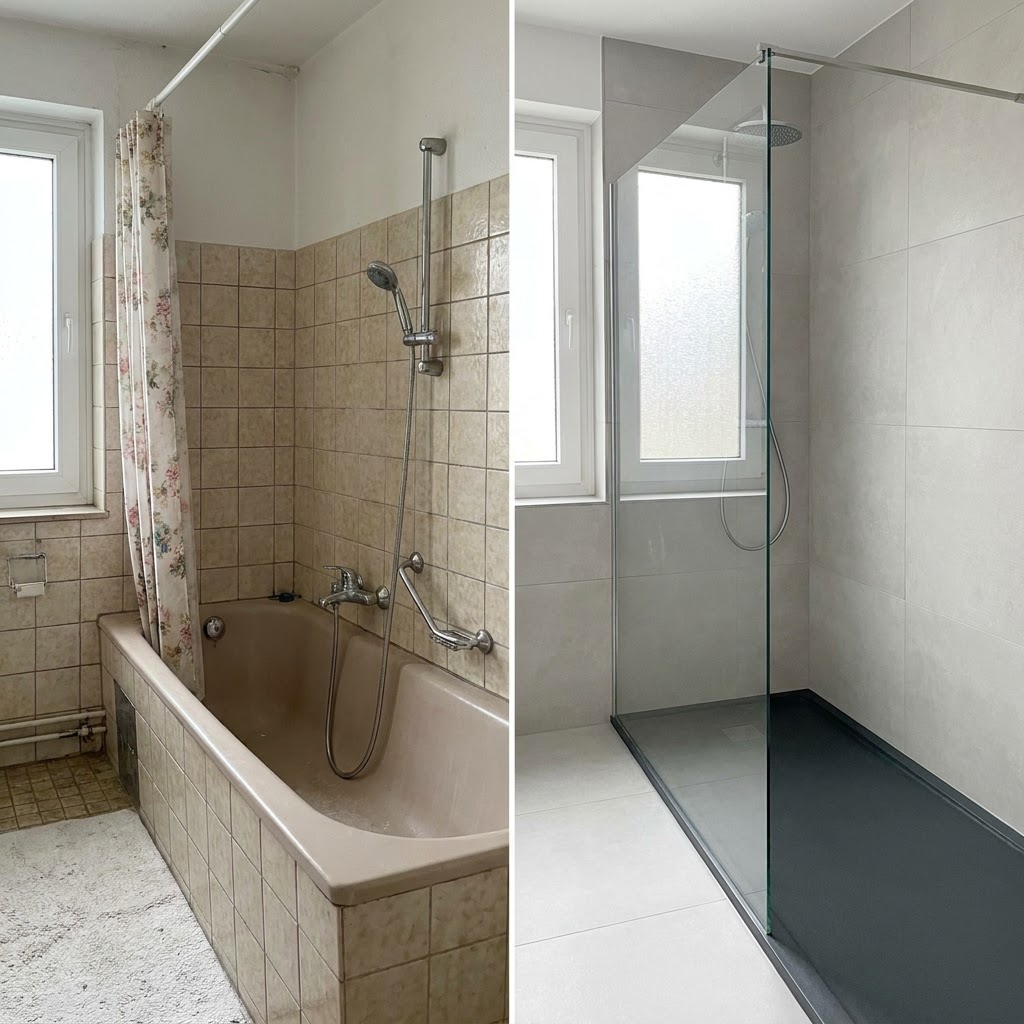 Vorher-nachher-Vergleich: Bad mit alter Badewanne und derselbe Raum mit bodengleicher Dusche und Mineralguss-Duschboard