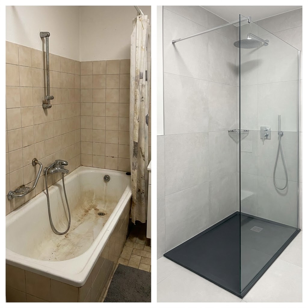 Umbau einer Badewanne zur schwellenlosen Dusche mit anthrazitfarbenem Duschboard und Glaswand, vorher und nachher