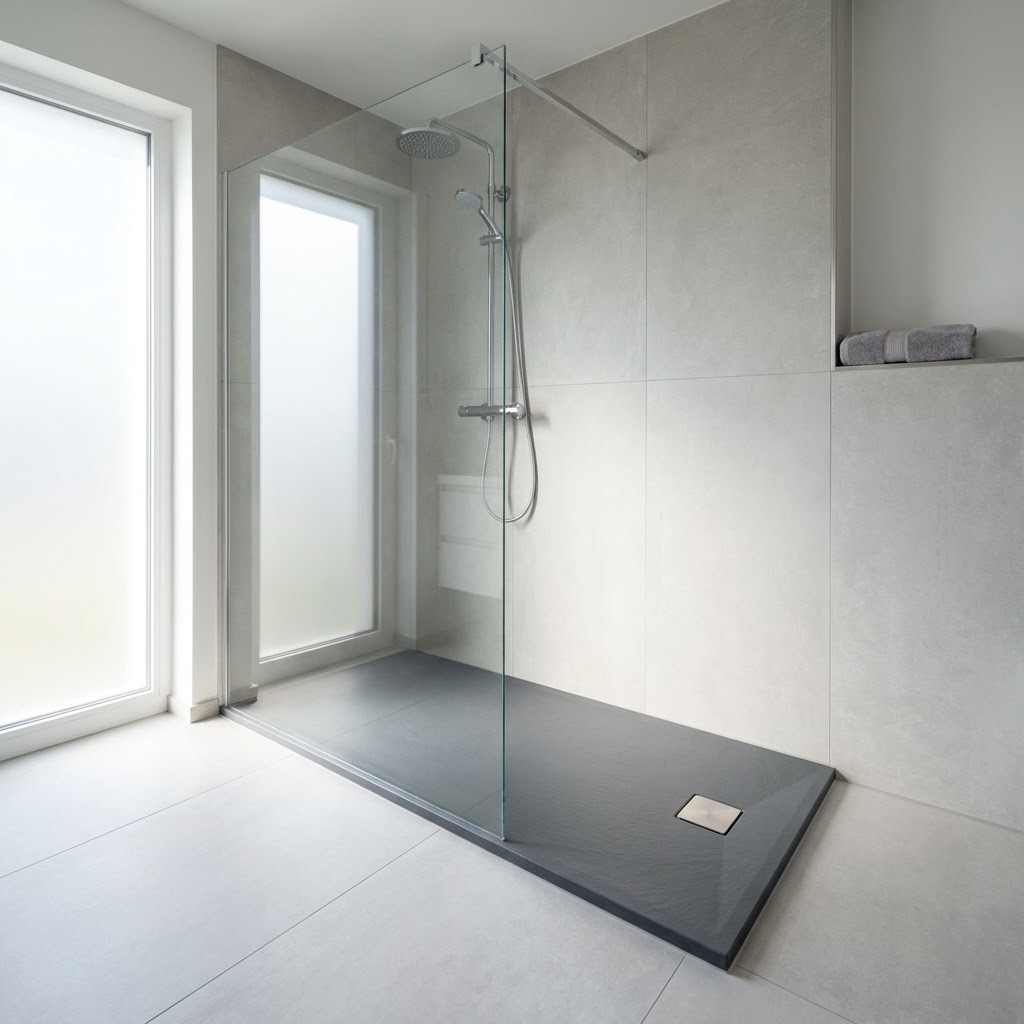 Bodengleiche Dusche mit anthrazitfarbenem Mineralguss-Duschboard, Glaswand und schwellenlosem &Uuml;bergang zum Bodenbelag