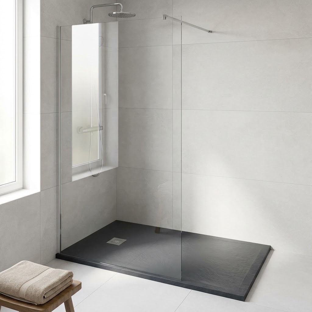 Bodengleiche Dusche mit anthrazitfarbenem Mineralguss-Duschboard, Glaswand und Handtuch auf einem Holzhocker