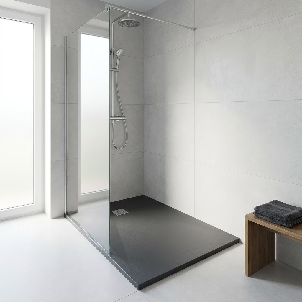 Schwellenlose Dusche mit anthrazitfarbenem Duschboard, Glaswand und Holzbank vor hellen Gro&szlig;formatfliesen