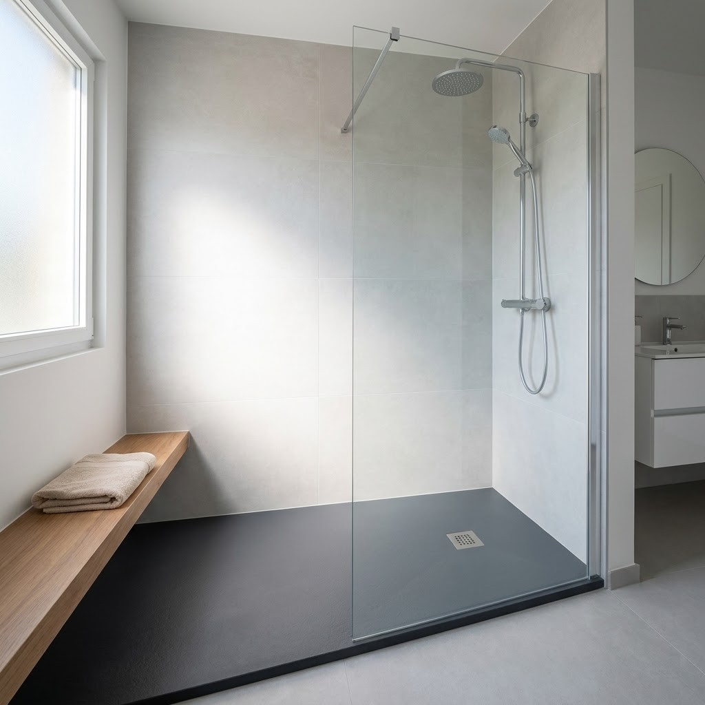 Ebenerdige Dusche mit Mineralguss-Duschboard, Glaswand, Holzbank und Fenster