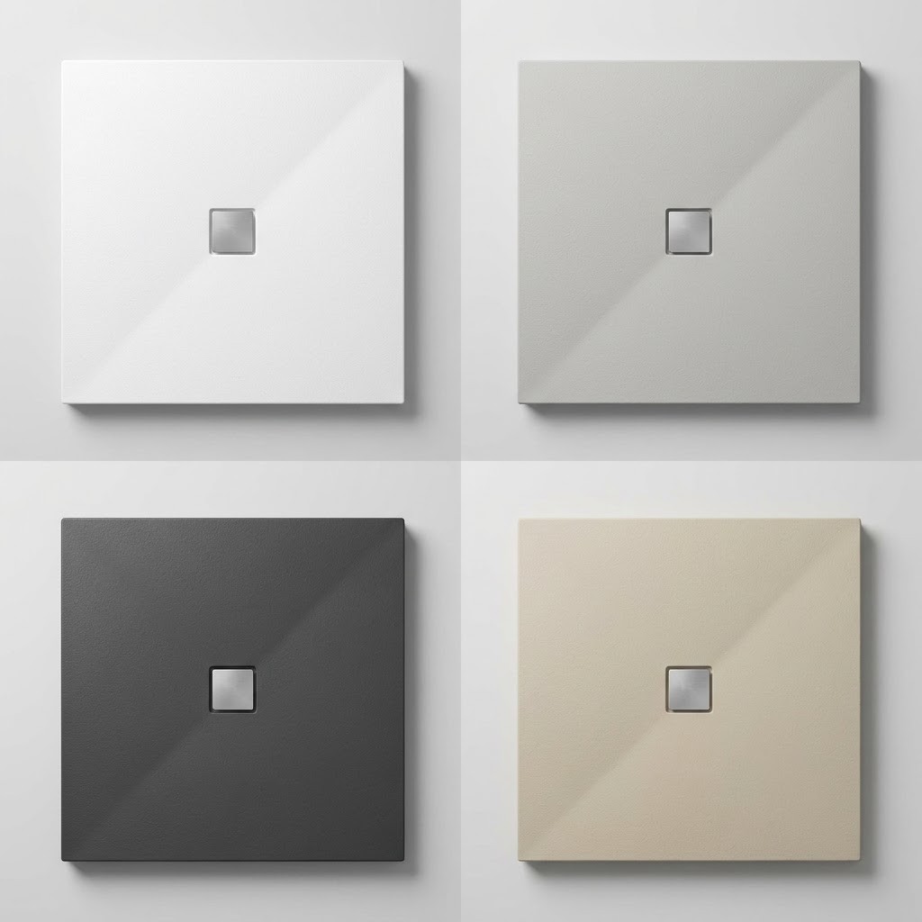 Mineralguss-Duschboards in vier Farbt&ouml;nen mit quadratischer Ablaufabdeckung aus Edelstahl