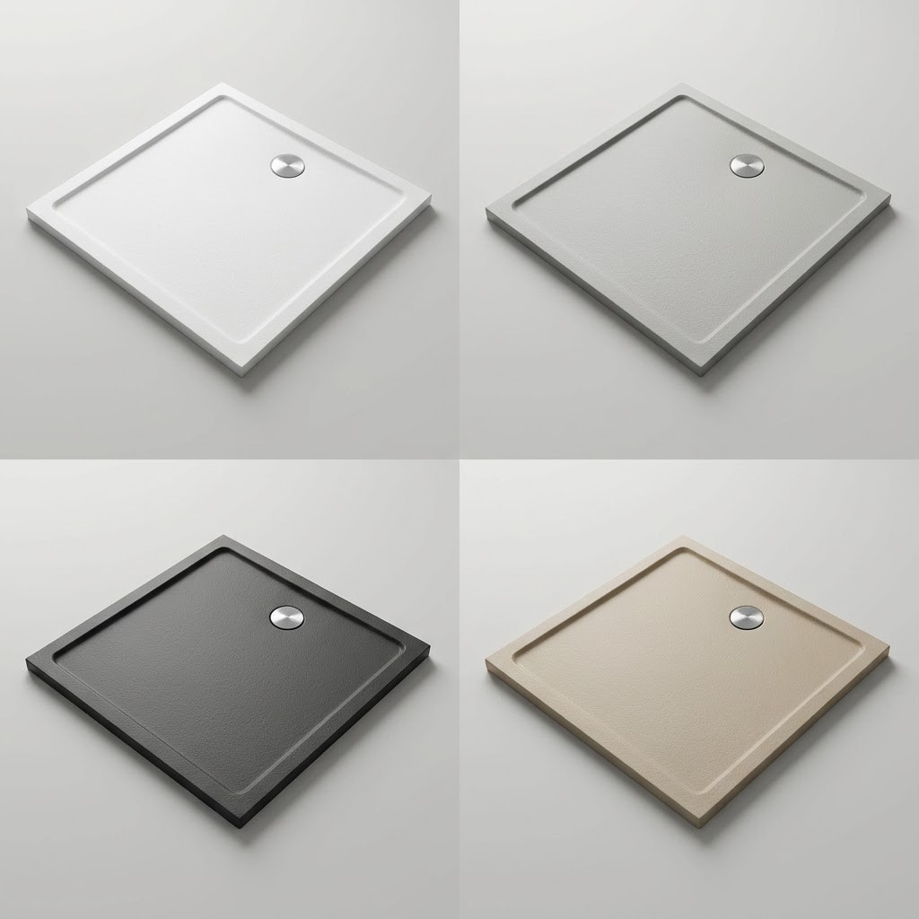 Mineralguss-Duschboards mit umlaufender Kante in Wei&szlig;, Hellgrau, Anthrazit und Beige in der Schr&auml;gansicht