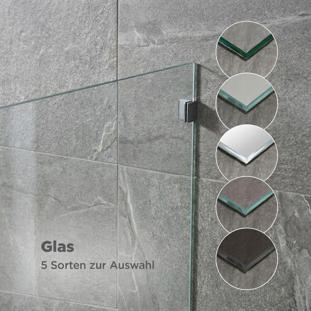Duschglas in fünf Sorten zur Auswahl, Kantenansicht der Glasarten vor Natursteinfliesen