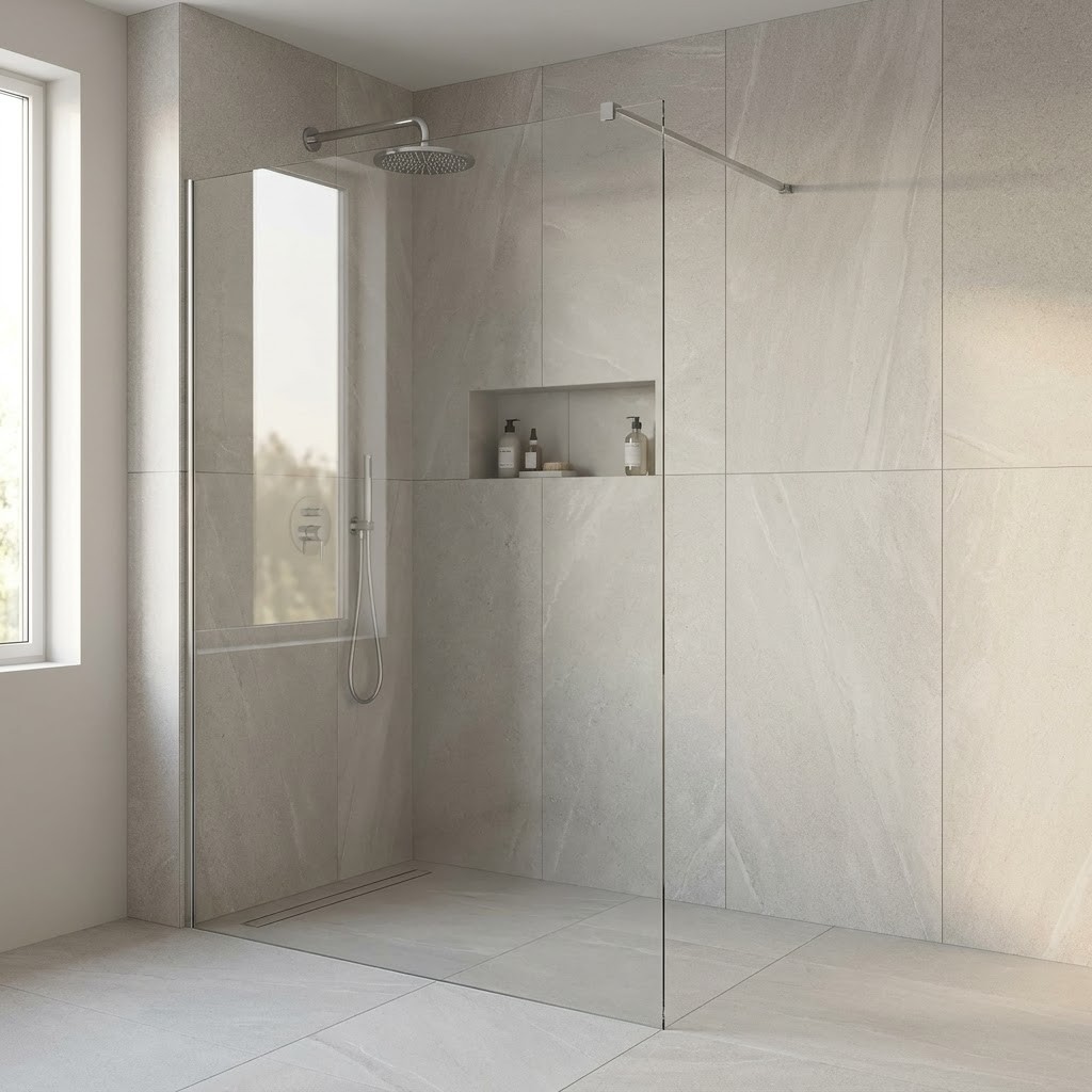 Rahmenlose Walk-In-Glaswand mit Stabilisator zur Wand vor einer Duschnische