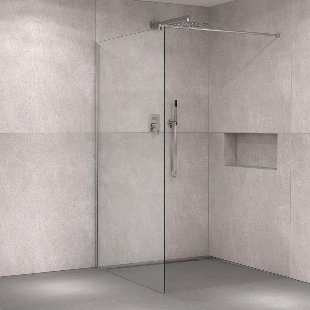 Walk-In-Glaswand mit waagerechtem Stabilisator und Regendusche