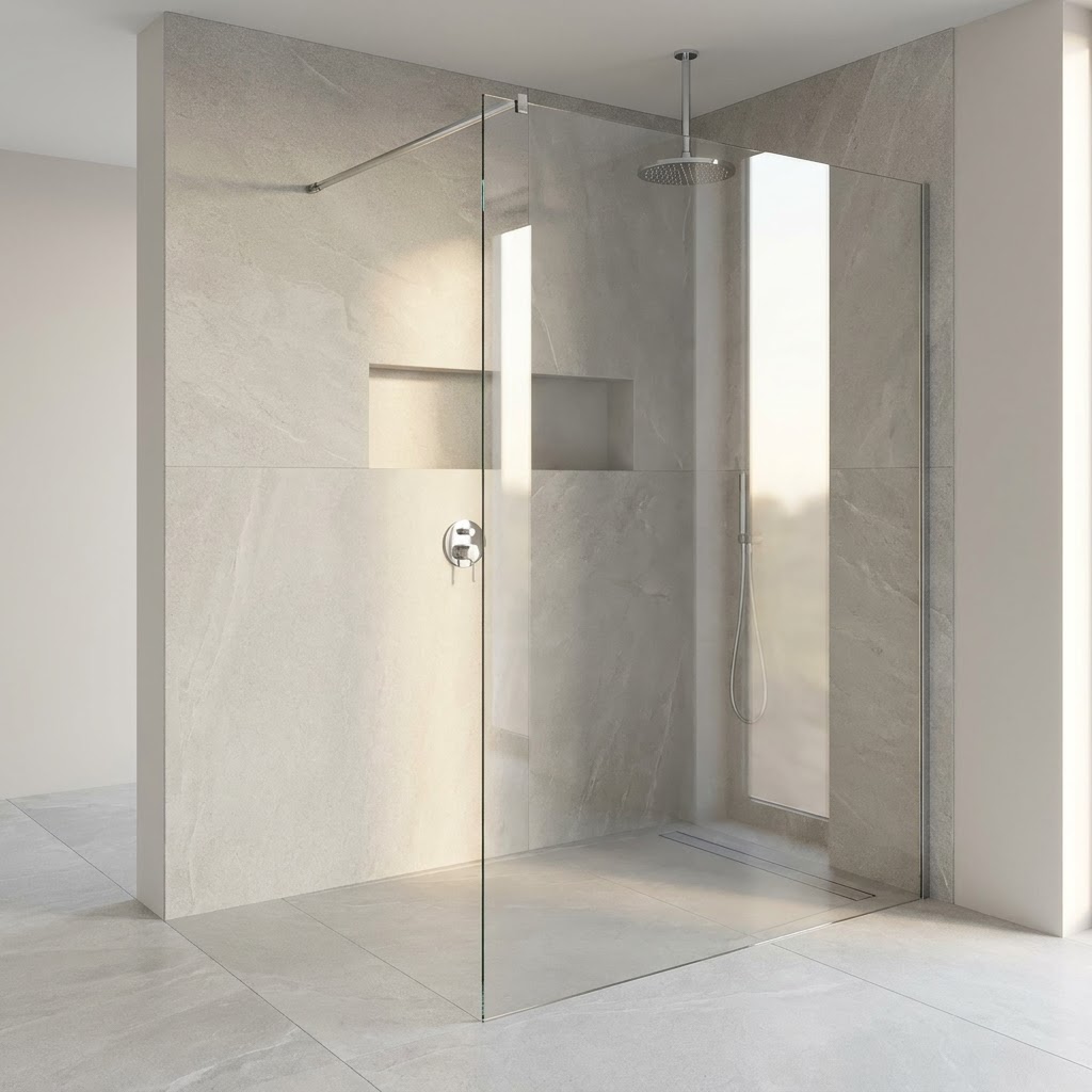 Walk-In-Duschabtrennung aus Glas an einer ebenerdigen Dusche mit Fensterelement