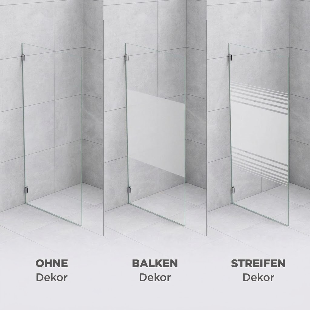 Duschabtrennung aus Glas ohne Dekor, mit Balken-Dekor und mit Streifen-Dekor im Vergleich