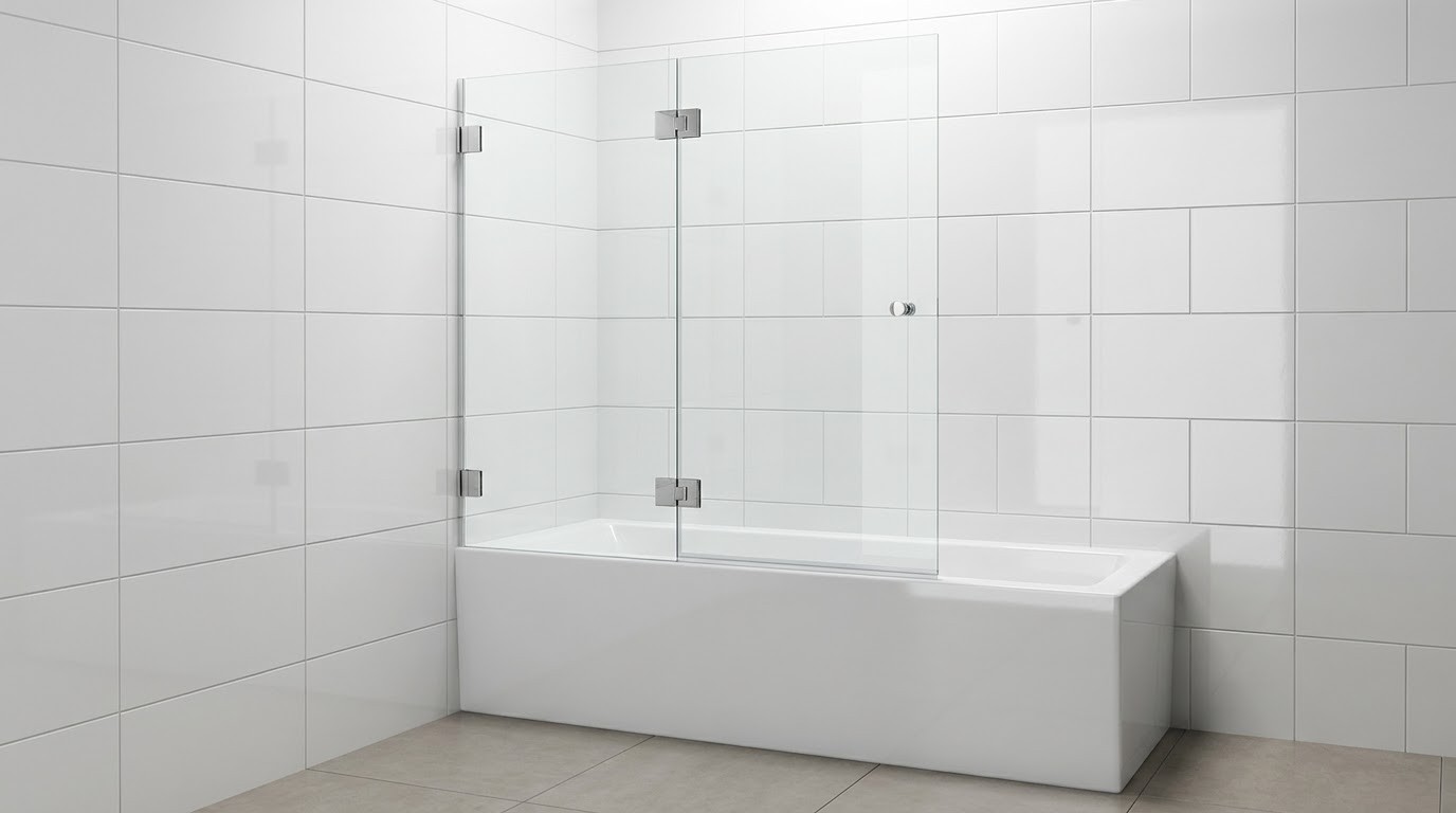 Badewannenaufsatz aus Glas mit Tür- und Festelementen über einer Badewanne