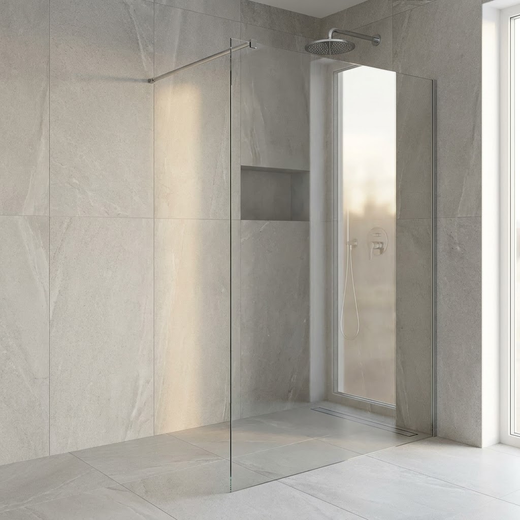 Walk-In-Glaswand mit Wandstabilisator an einer bodengleichen Dusche mit Ablagenische