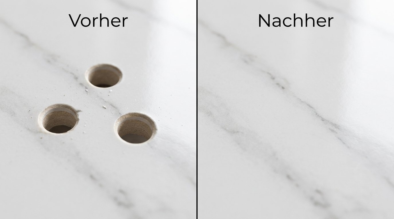 Fliesenreparatur: Bohrl&ouml;cher in einer Marmorfliese vorher und nachher