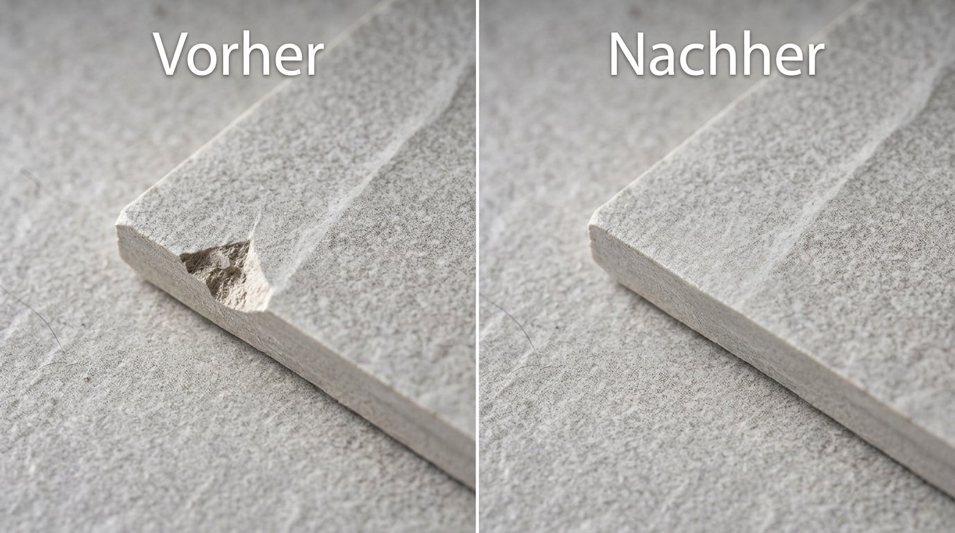Fliesenreparatur: abgeplatzte Kante einer Feinsteinzeugfliese vorher und nachher