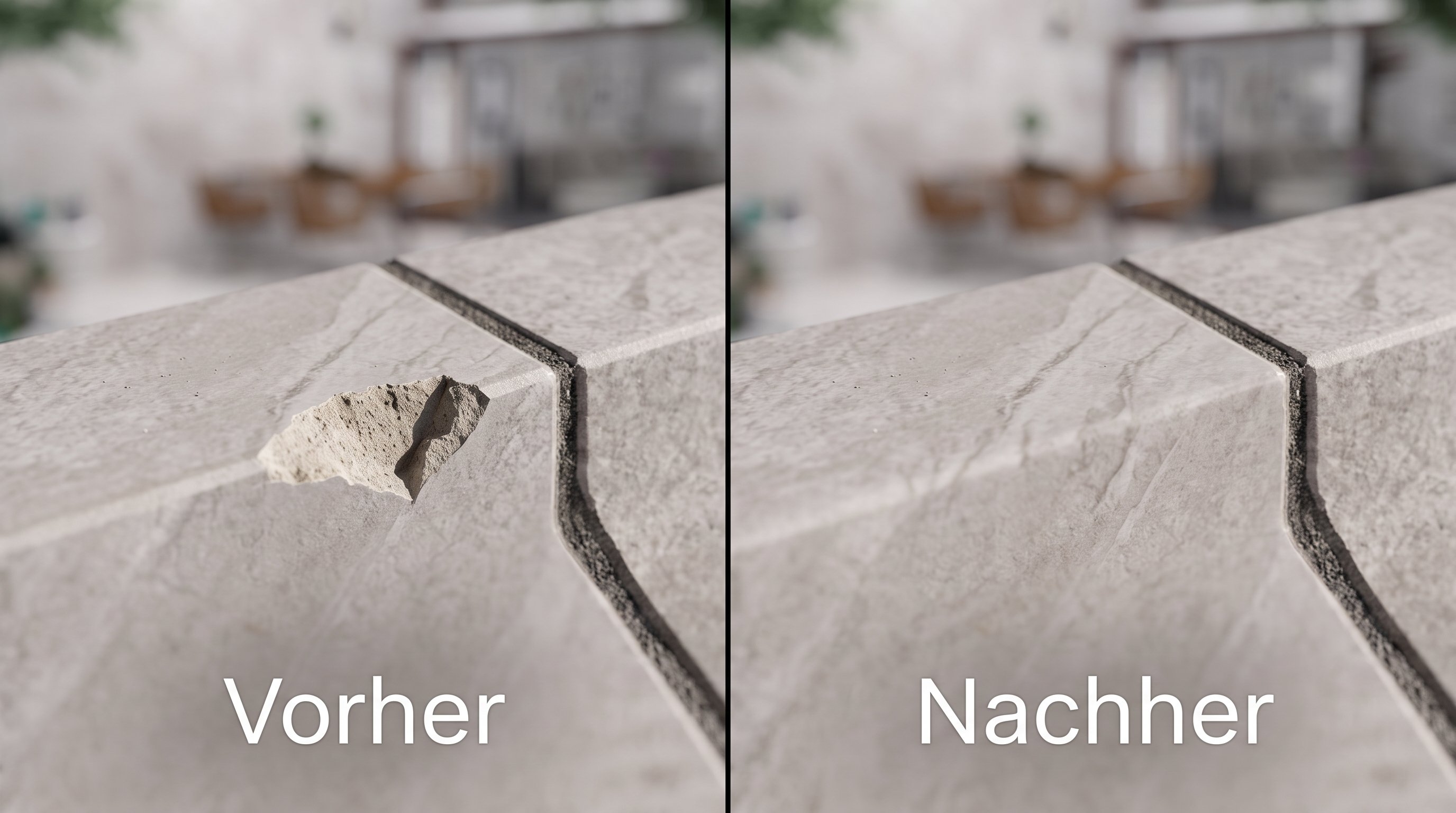 Fliesenreparatur: Eckabplatzung an einer Stufenkante vorher und nachher