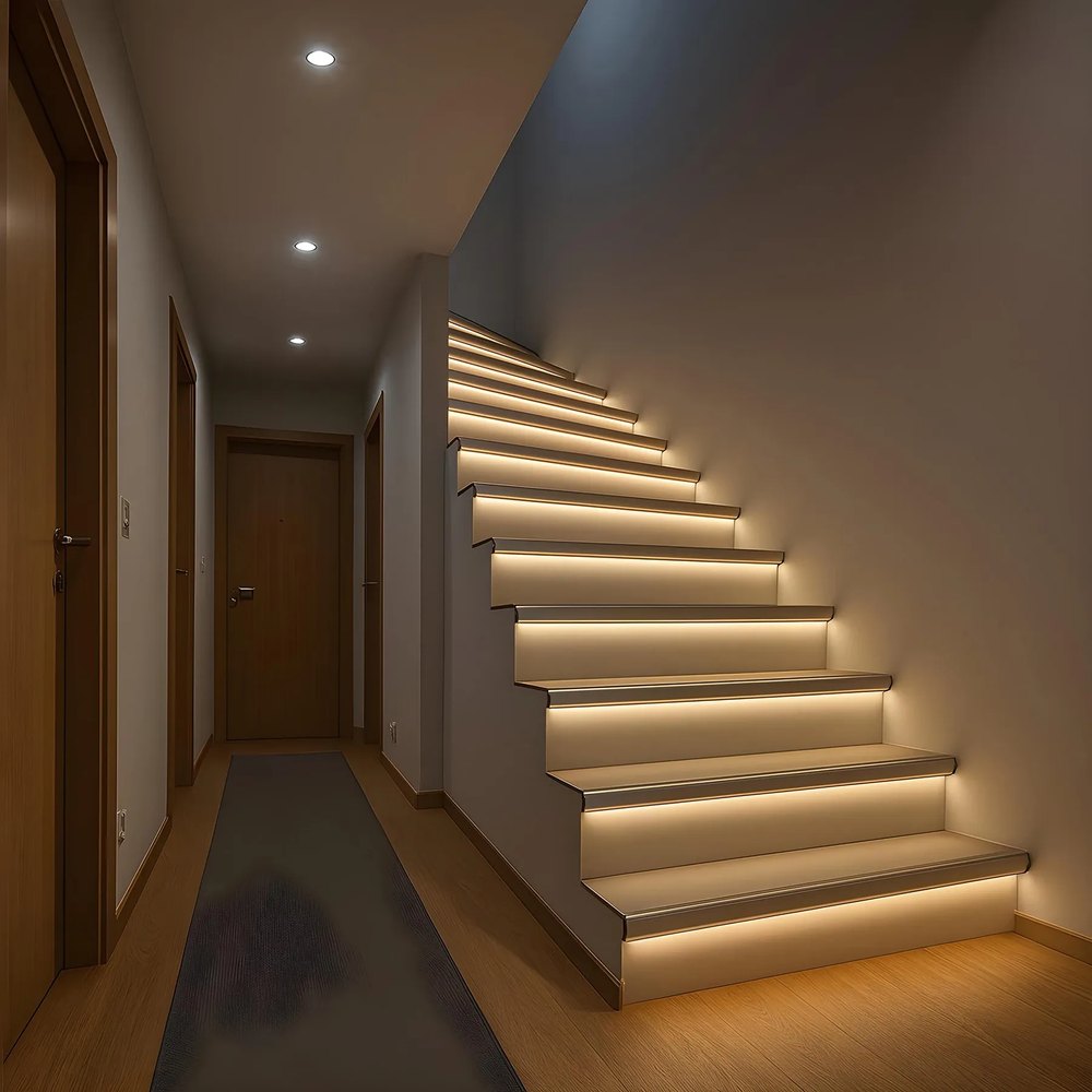 Treppe im Flur mit LED-Beleuchtung an jeder Stufenkante
