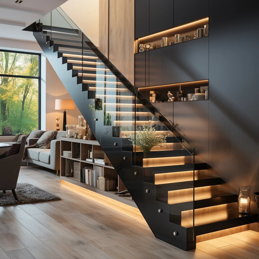Beleuchtete Treppenstufen im Wohnraum mit indirektem LED-Licht unter jeder Stufe