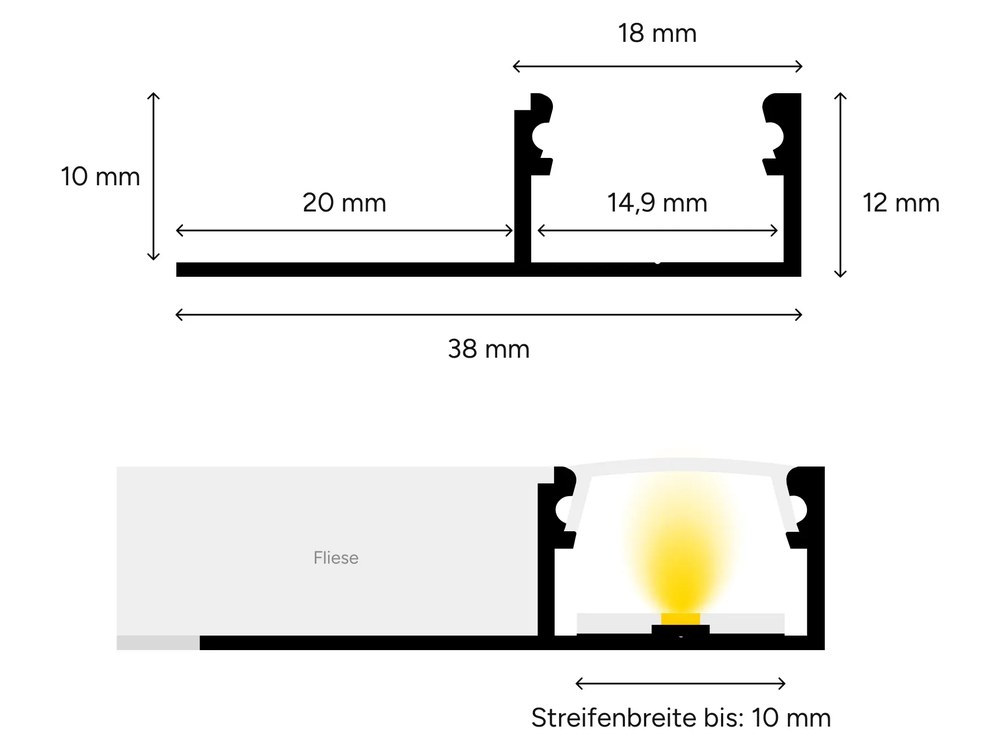 LED-Profil mit einseitigem Schenkel sauber in den Fliesenverbund integriert, Profilbreite 38 mm