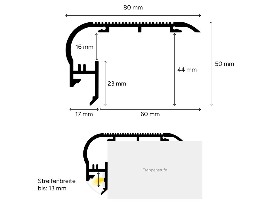 Querschnitt Treppenstufenprofil, 80 mm breit, 50 mm hoch