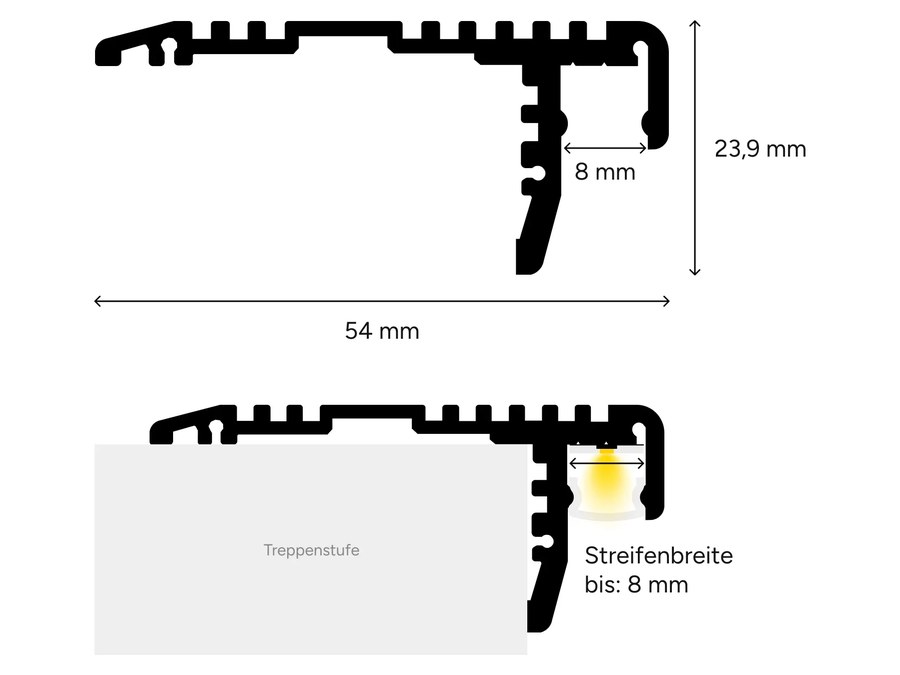 Querschnitt Treppenstufenprofil, 54 mm breit, 23,9 mm hoch
