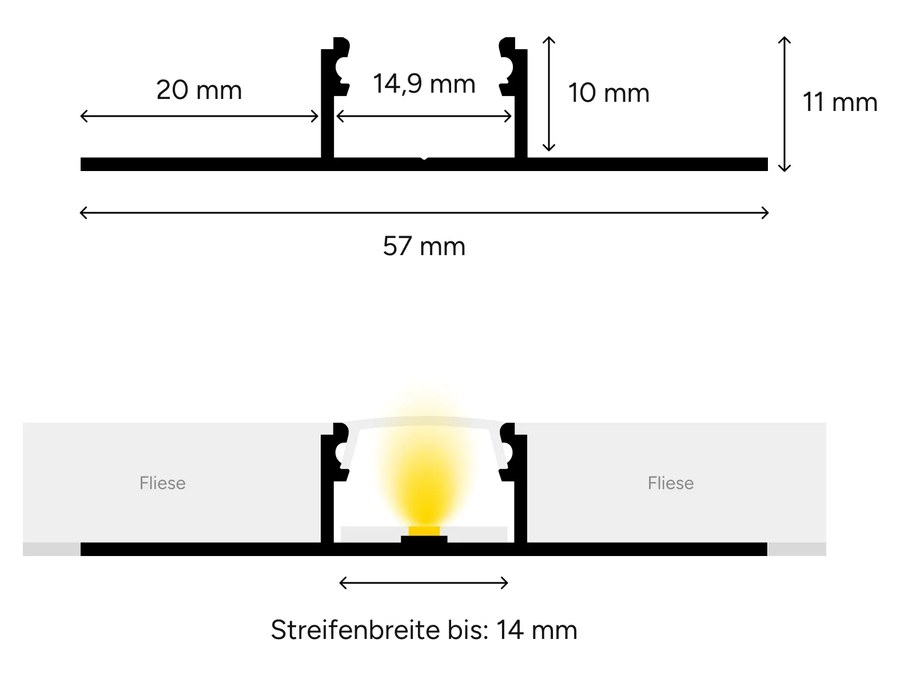 Querschnitt Profil mit zweiseitigem Schenkel, 57 mm breit