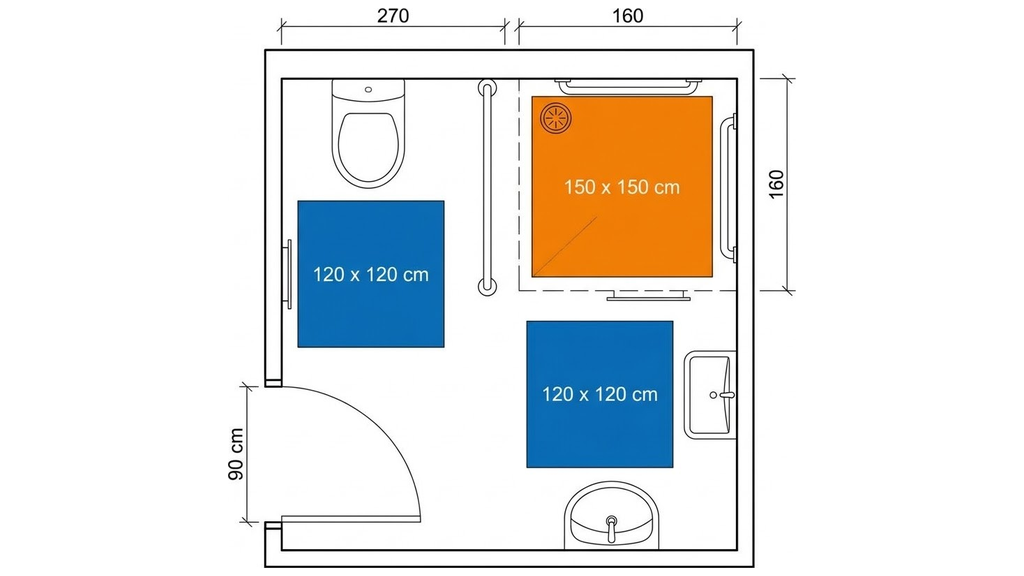 Grundriss eines barrierefreien Bades mit Bewegungsflächen von 120 x 120 cm und 150 x 150 cm