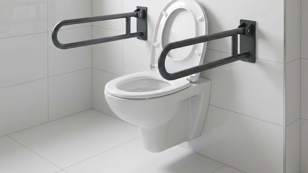 Wand-WC mit Stützklappgriffen und Vorwand im barrierefreien Bad